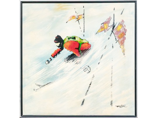 Signed Oil On Canvas, Slalom Racer