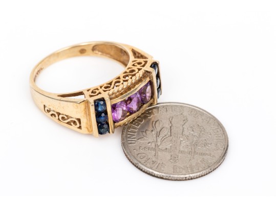 10k Yellow Gold Unique Amethyst And Sapphire Set Retro Style Ring, Size 5.75
