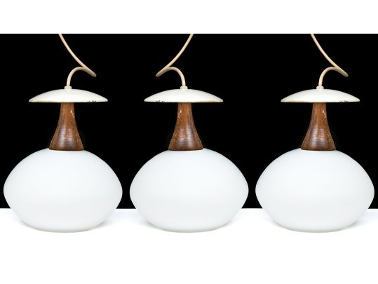 Trio Of MCM Glass Shaded Hanging Pendant Lights
