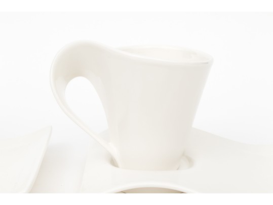 Set Of Villeroy & Boch Luxembourg White Porcelain Mugs And Saucer Plates- Wave Pattern