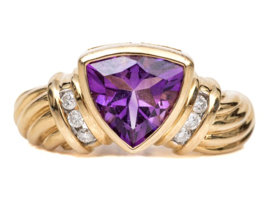 14k Yellow Gold Lovely Contemporary Trillian Amethyst And Diamond Ring, App. 0.06 TCW, Size 7+