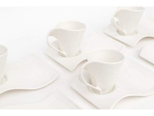 Set Of Villeroy & Boch Luxembourg White Porcelain Mugs And Saucer Plates- Wave Pattern