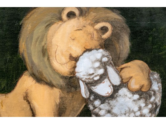 Framed Oil On Board, Lion With Sheep 