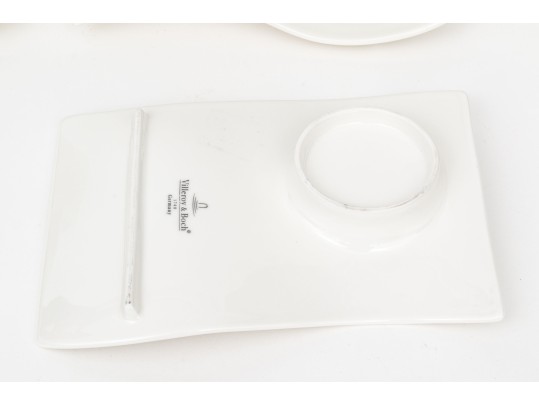 Set Of Villeroy & Boch Luxembourg White Porcelain Mugs And Saucer Plates- Wave Pattern