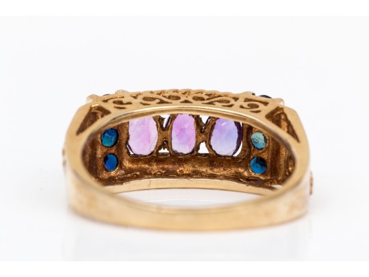 10k Yellow Gold Unique Amethyst And Sapphire Set Retro Style Ring, Size 5.75