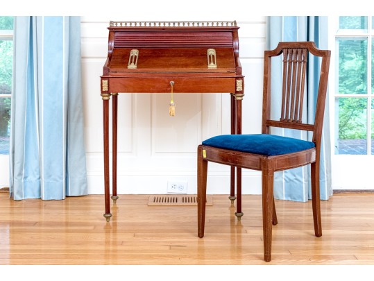 Antique Louis XVI Style Tambour Secretary Desk With Chair
