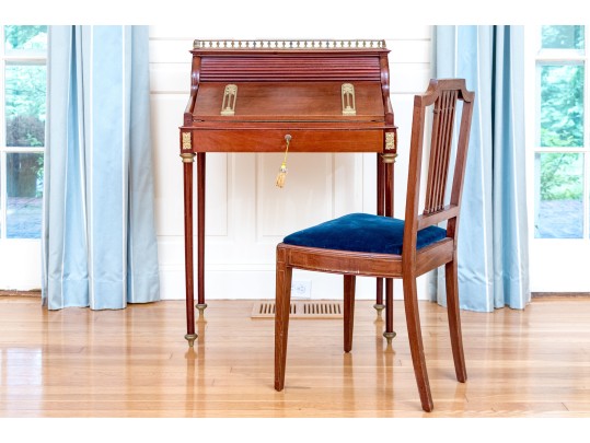 Antique Louis XVI Style Tambour Secretary Desk With Chair