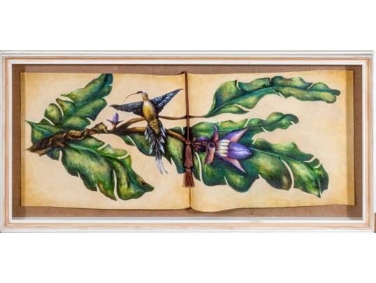 Signed Painting On Paper, Hummingbird On Flowering Branch, 2001