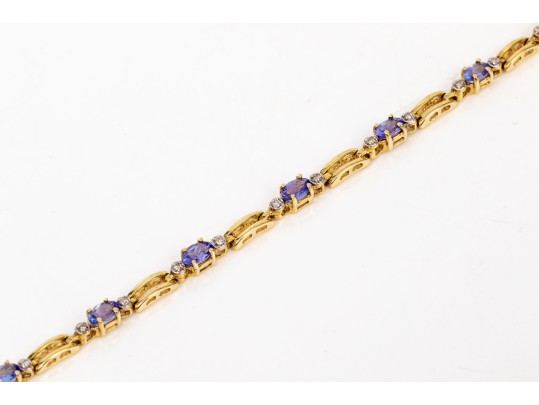14k Yellow Gold Pretty Tanzanite And Diamond Set Link Line Bracelet, App. 0.10 TCW