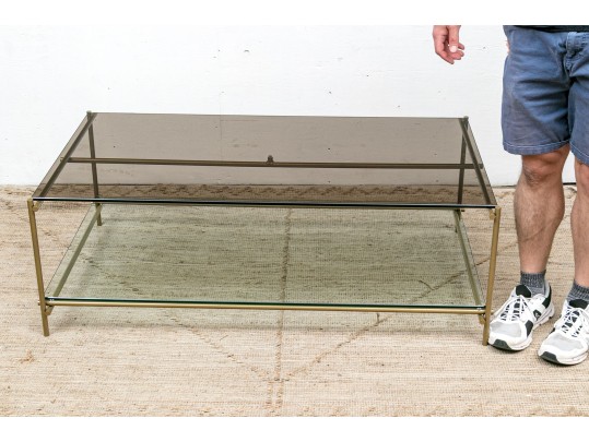Chic Gilt Metal And Smoky Glass Top Cocktail Table