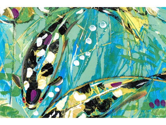 Dnie (Chinese/Am., 21st C.) Acrylic On Canvas, Splashing Koi