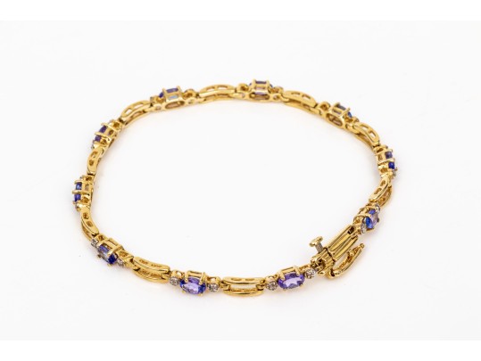 14k Yellow Gold Pretty Tanzanite And Diamond Set Link Line Bracelet, App. 0.10 TCW