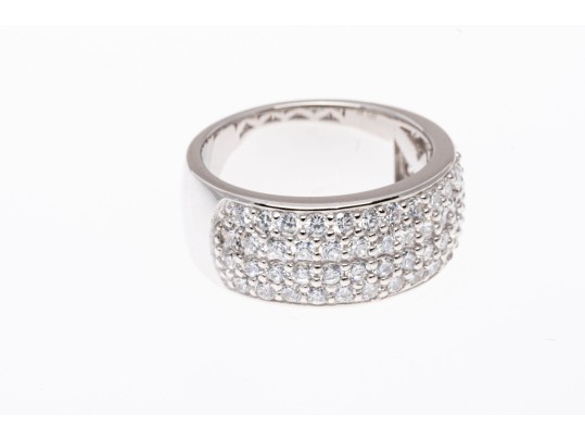Sterling Silver Lovely High Polished, Round Brilliant Cut CZ Wide Band Ring, Pave Set, Size 7.75