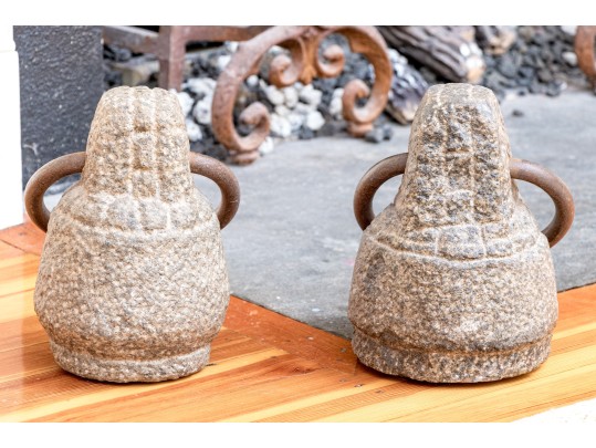 Pair Of Carved Stone And Iron Ring Door Stops