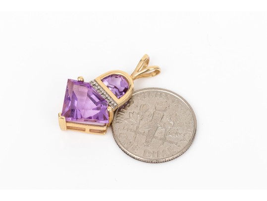 14k Yellow Gold Striking Fantasy Cut Purple Amethyst And Diamond Accented Pendant, App. 0.03 TCW