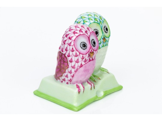 Herend Hand Painted Fishnet Pattern Baby Owl Group