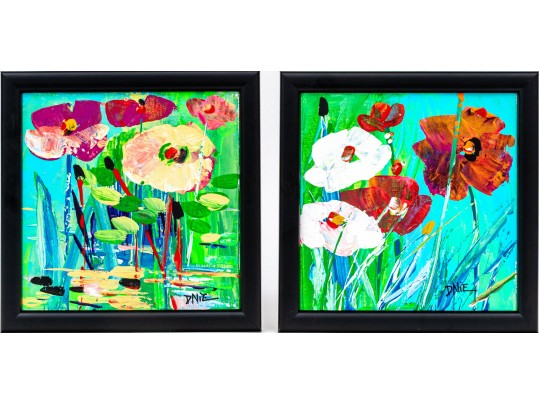 Dnie (Chinese/Am., 21st C.) Set Of Two Diminutive Acrylic On Canvas, Water Lillies