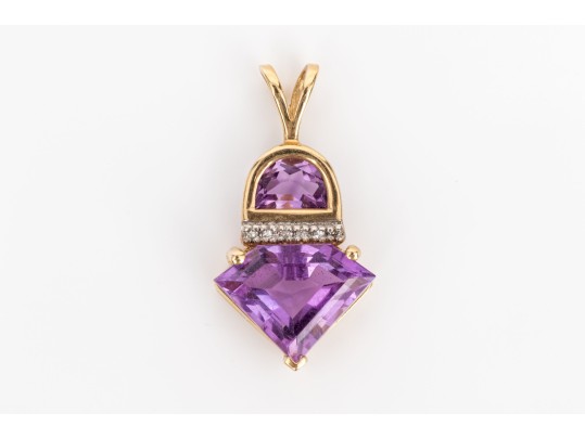 14k Yellow Gold Striking Fantasy Cut Purple Amethyst And Diamond Accented Pendant, App. 0.03 TCW