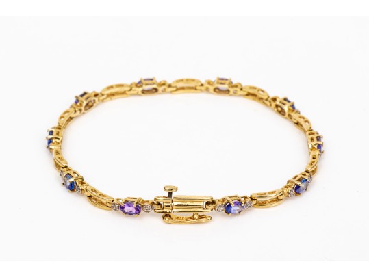 14k Yellow Gold Pretty Tanzanite And Diamond Set Link Line Bracelet, App. 0.10 TCW