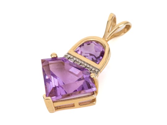 14k Yellow Gold Striking Fantasy Cut Purple Amethyst And Diamond Accented Pendant, App. 0.03 TCW