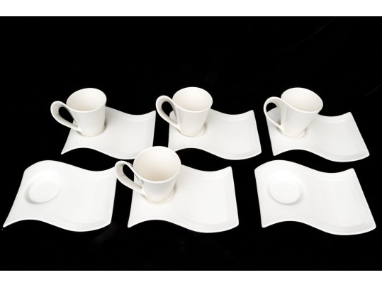 Set Of Villeroy & Boch Luxembourg White Porcelain Mugs And Saucer Plates- Wave Pattern
