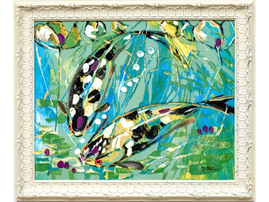 Dnie (Chinese/Am., 21st C.) Acrylic On Canvas, Splashing Koi