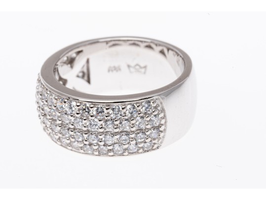 Sterling Silver Lovely High Polished, Round Brilliant Cut CZ Wide Band Ring, Pave Set, Size 7.75