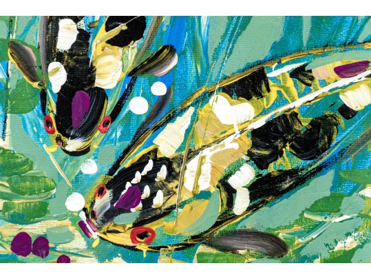 Dnie (Chinese/Am., 21st C.) Acrylic On Canvas, Splashing Koi