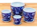 Group Of Four Blue And White Ceramic Jardinieres With Undertrays