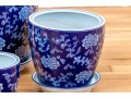Group Of Four Blue And White Ceramic Jardinieres With Undertrays