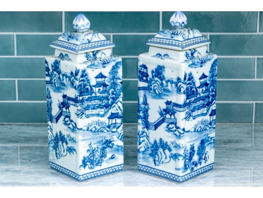 Pair Of Blue & White Lidded Square Form Ginger Jars