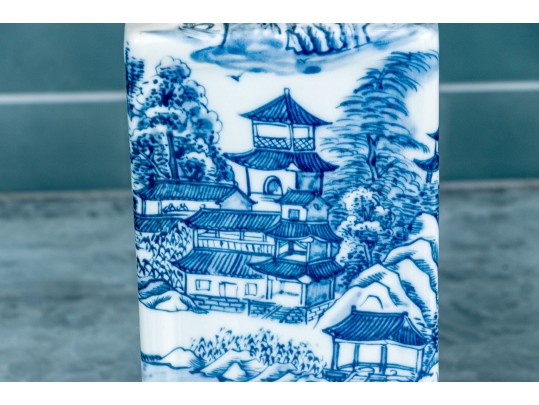 Pair Of Blue & White Lidded Square Form Ginger Jars