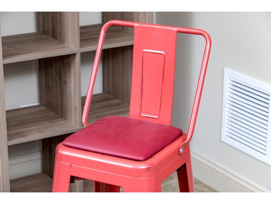 Fabulous Pair Of Red Barstools With Vegan Leather Seat Cushions