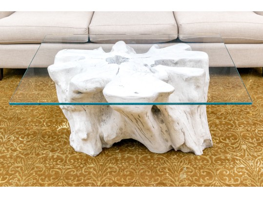 Fabulous Faux Bois Decorative Pedestal Glass Cocktail Table