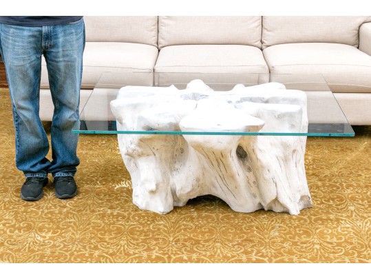 Fabulous Faux Bois Decorative Pedestal Glass Cocktail Table