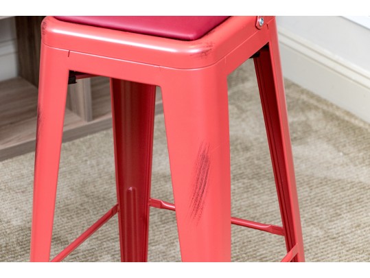 Fabulous Pair Of Red Barstools With Vegan Leather Seat Cushions