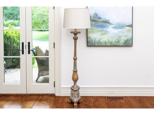 Vintage Hand Carved Wood Gesso And Gilt Decorated Electrified Floor Lamp