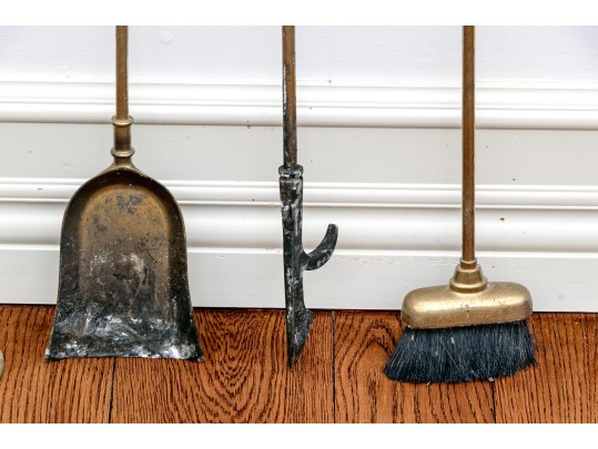 Semi-Antique Brass Fireplace Tools On Stand