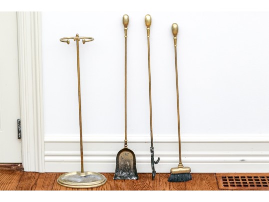 Semi-Antique Brass Fireplace Tools On Stand