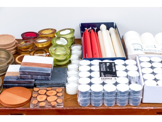 Group Of Candles, Candle Holders, And Coasters