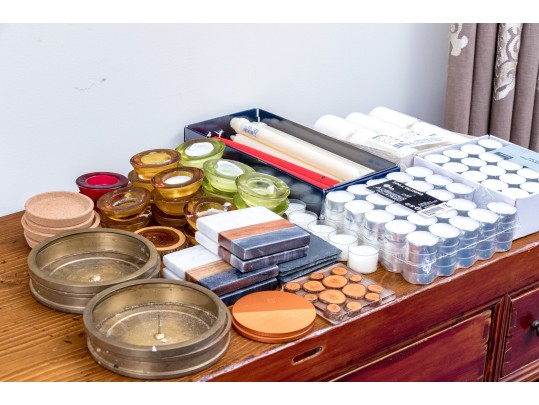 Group Of Candles, Candle Holders, And Coasters