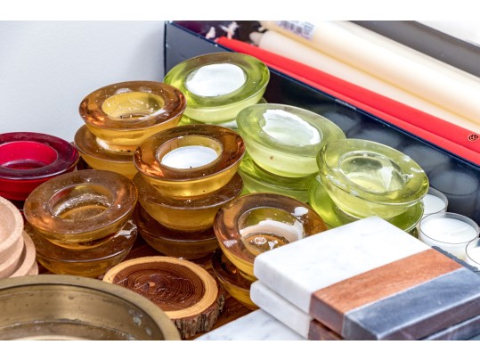 Group Of Candles, Candle Holders, And Coasters