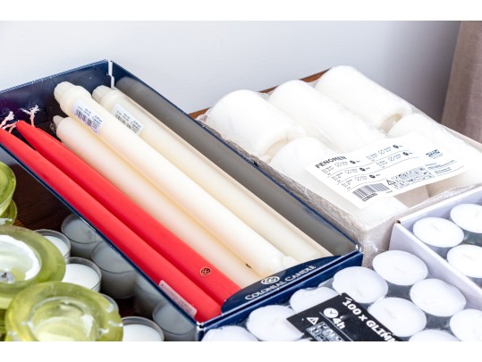 Group Of Candles, Candle Holders, And Coasters