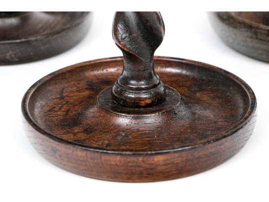 Set Of Four Carved Oak Barley Twist And Brass Candlesticks