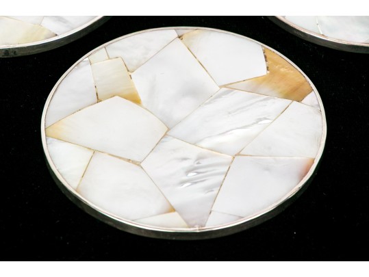Set Of Six Sterling Silver Mounted Shell Coasters