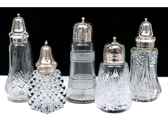 Collection Of Five Large Cut Crystal And Silverplate Shakers