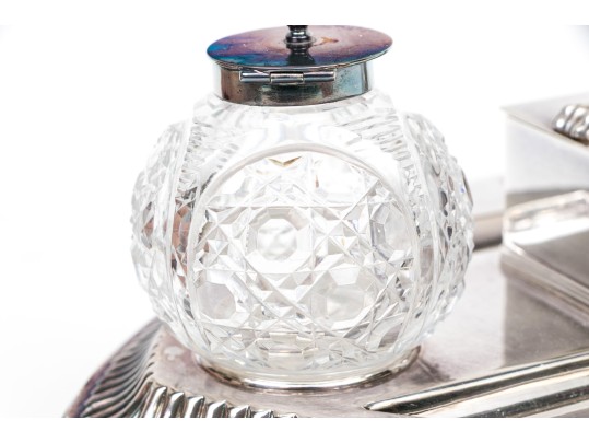 English Silver Plated Egyptian Revival Inkwell With Two Lidded Bottles