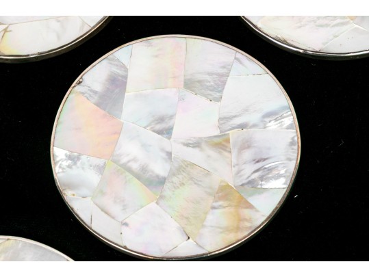 Set Of Six Sterling Silver Mounted Shell Coasters