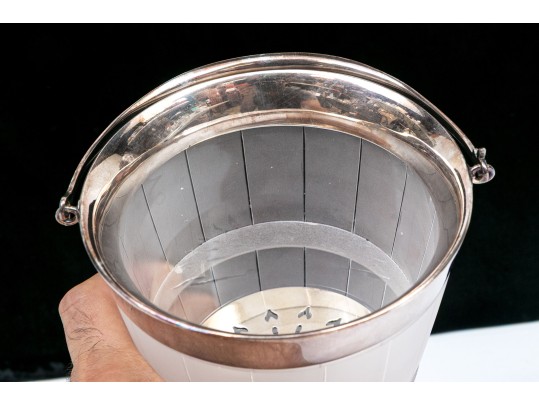 Elegant Silver Plate Mounted Frosted Glass Ice Bucker With Plated Interior Liner