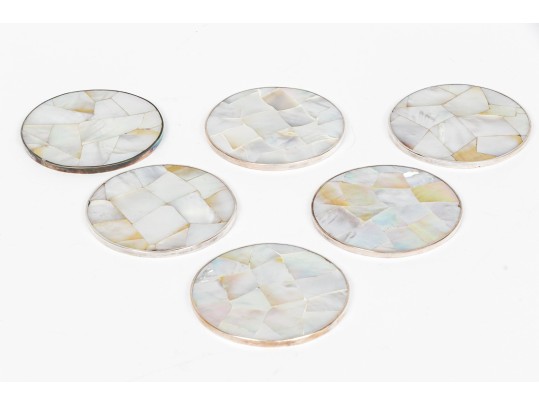 Set Of Six Sterling Silver Mounted Shell Coasters